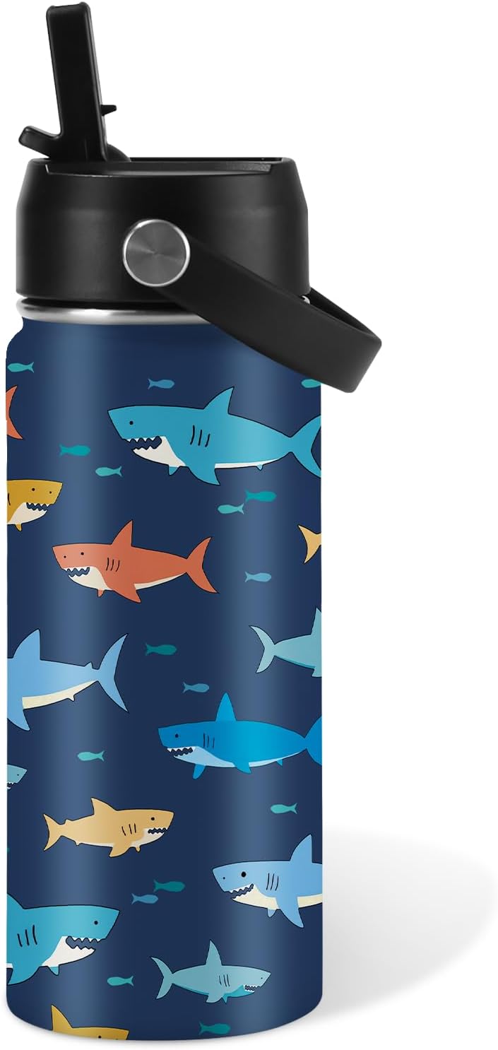 Shark Gift for Kids - 16oz Kids Water Bottle with Straw Lid, Stainless Steel Insulated Tumbler, Leak Proof, BPA - Free, Sport Bottles for School, Travel, Sea Fishes Children Birthday Gift Cup (1pc)
