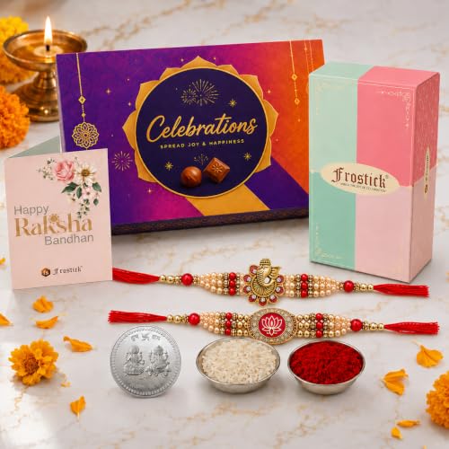 Image of Frostick Rakhi For Brother With Chocolate Combo Set of 2 Premium For Brother Gift Ganesha Krishna Rakhi for Bhaiya /Bhai /with Big Celebration Chocolate Pack Pair Couple