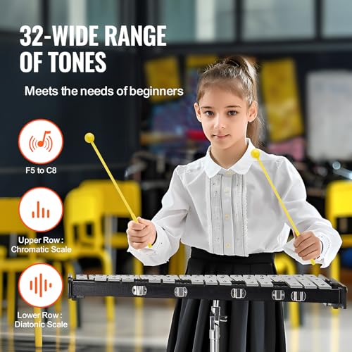 Image of VEVOR 32 Note Glockenspiel Xylophone Bell Kit, Professional Percussion Instrument Set with Mallets, Drum Sticks, Music Stand, 8 inch Practice Pad, Adjustable Stand and Carrying Bag for Students & Adults