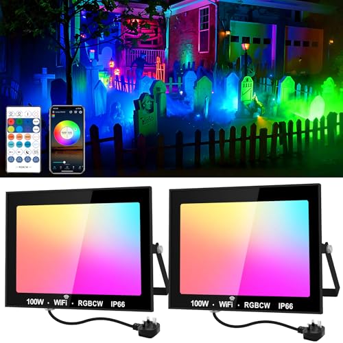 NATPOW LED Flood Lights RGB, 100W Floodlights Outdoor Colour Changing with Remote&APP Control, DIY Mode Party Lights, Security Lighting IP66 Waterproof for Garden, Christmas Stage Decoration(2Pack)