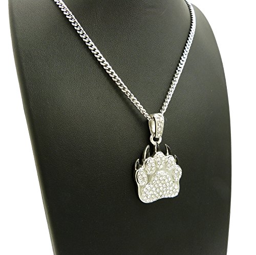 NYFASHION101 Stone Stud Black Accent Grizzly Bear Paw Pendant with 3mm 24" Cuban Chain Necklace4
