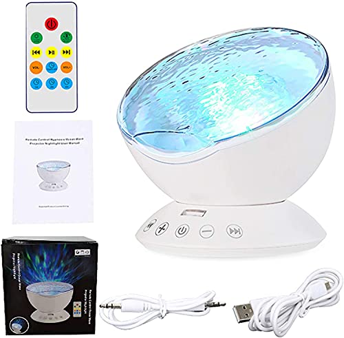 Image of Ocean Wave Projector, 12 LED Night Light Lamp with Adjustable Lightness Remote Control Timer 8 Lighting Modes Music Speaker Light Night Light for Baby Kids Adult Bedroom