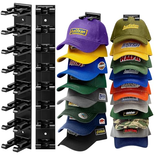 Hat Organizer for Baseball Caps, 2 Pack Hat Rack for Wall Closet Door Hold up to 16 Hats,Hat Holder with Adhesive and 8 Screws, Hat Hanger Cap Holder Hat Hangers for Wall Closet Door Bedroom(A-Black)
