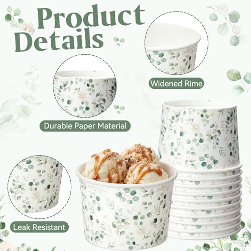 Image of Funnymoom 50 Pack Sage Green Ice Cream Cups 9 oz Eucalyptus Leaf Disposable Dessert Bowls Paper Soup Bowls Eucalyptus Floral Snack Cups for Hot or Cold Food for Greenery Baby Shower Wedding Birthday