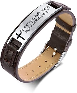 QINGDUO Bible Verses Bracelets Religious Stainless Steel ID+Leather Inspirational Quote Cross Bracelets Faith Christian Bible Verse Wristband Religious Gifts for Men Women Inspirational Bracelets