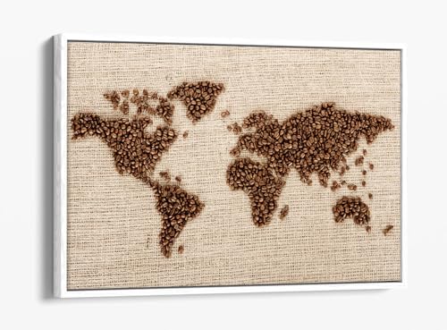 Impression sur toile carte du monde café cadre blanc 76x51 cm