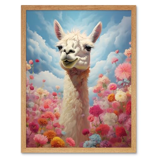 Artery8 Happy Llama Peeking Head Over Pink Flowers Bright Colourful Artwork Kids Bedroom Dreamy Spring Meadow Artwork Framed Wall Art Print 9X7 Inch