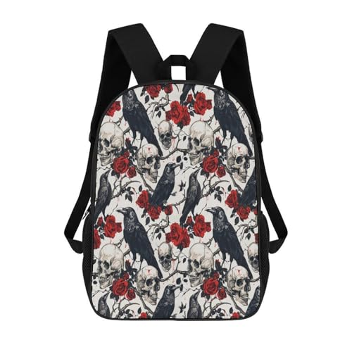 OBLUE Gothic Raven Crow Skull Flower Backpack 17 Inch Shoulders Daypack Simple Leisure Travel Bag