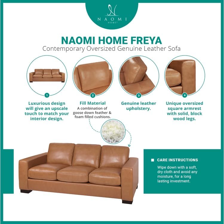 Miniatura 4 de Naomi Home Freya Sofá de cuero genuino de gran tamaño, máxima comodidad, sofá de cuero moderno, sofá de sala de estar de mediados de siglo, sofá