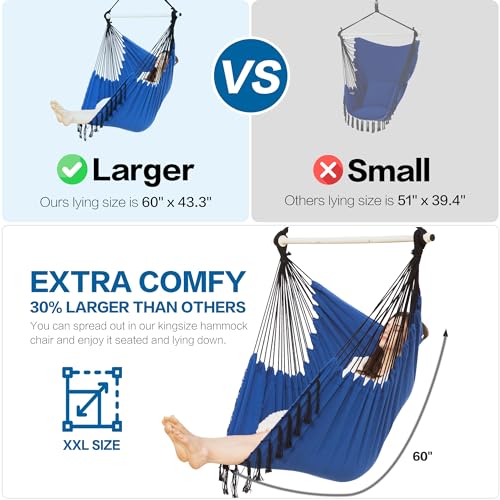 PNAEUT-Hammock-Chair-XXL-Size-Hanging-Chair-Swing-Chair-Max-550-Lbs-Patented-Headrest-2-Cushions-Large-Macrame-with-Pocket-Steel-Spreader-Hardware-Kits-and-Bag-for-Indoor-Outdoor-Navy