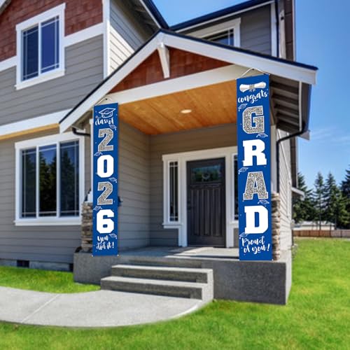 Image of Graduation Decorations Class of 2026 | Congrats Grad Banner - Porch Sign Blue Silver | Grad Party Decorations Graduates Party Supplies