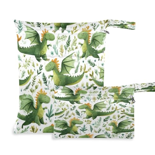 Image of Kigai Cute Dragons Wet Bag with Zippered Pockets 2pcs Waterproof Reusable Wet Dry Bag for Cloth Diaper, Baby Items, Swimsuit & Travel