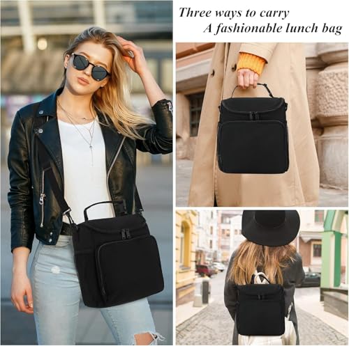 Image of Nylon Insulated Lunch Bag with Shoulder Strap, Large Capacity, Dual Compartment, Black (Black), 11 Liters