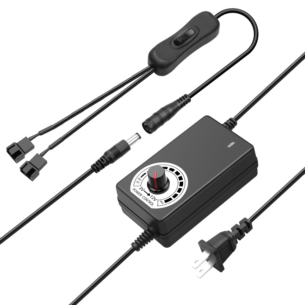 SHNITPWR 12V Fan Power Supply PC Fan Speed Controller 110V-240V AC to DC 3-12V 2A 24W PC Fan Adapter Adjustable pwm Fan Controller with Fan Splitter