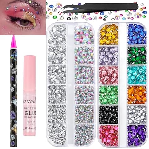 Canvalite Rhinestones for Face Colorful Face Gems Face Jewels AB & Clear Eye Hair Nail Gems Rhinestones with Quick Dry Makeup Glue, 1 Rhinestones Picker Wax Pen, 1 Tweezers for Nail Art Face Makeup Cover