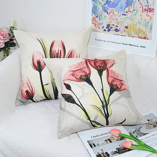 QUALKNOY Set of 4 Cushion Covers 18"x18" Red Flower Linen Modern Art Decorative Throw Pillow cases 45 x 45cm for Living Room Sofa Outdoor Pillowcases - Image 3