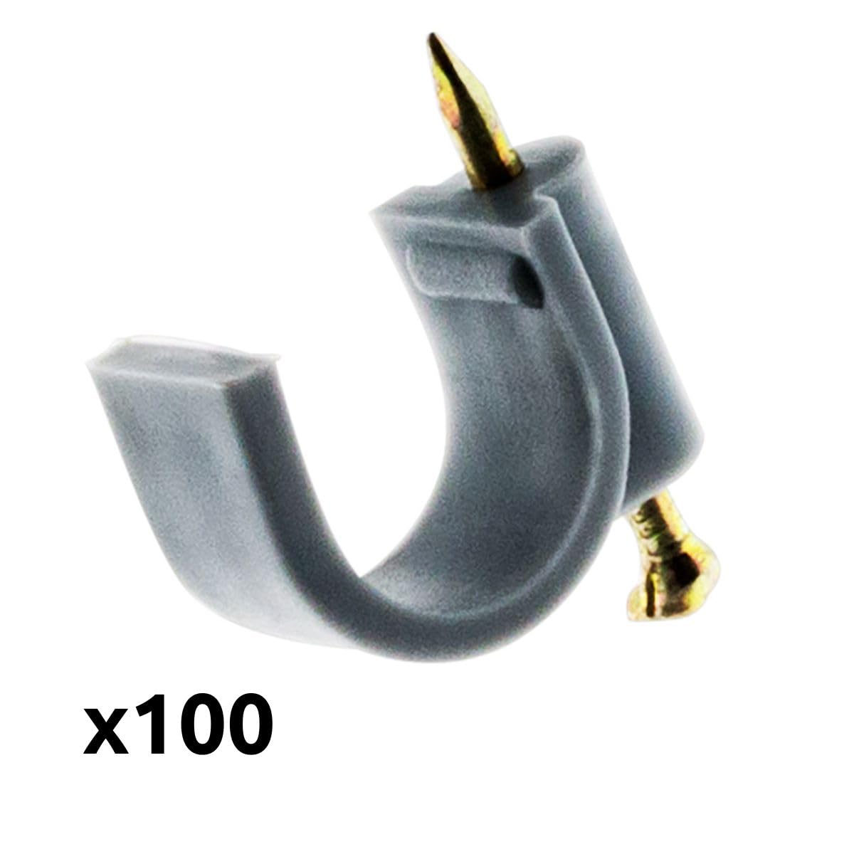 Zenitech - Ganci di Fissaggio Ø12mm - Confezione da 100 - per Cavi e Guarnizioni su Superfici Solide - Plastica di Alta Qualità - Chiodo Speciale per Calcestruzzo Inclusa - Certificato CE - Grigio