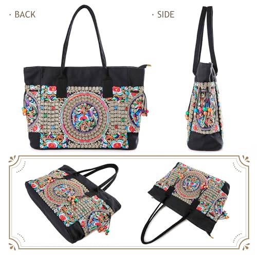 Jursccu Women Canvas Tote Bags Embroidery Handbags Stylish Casual Shoulder Bags3