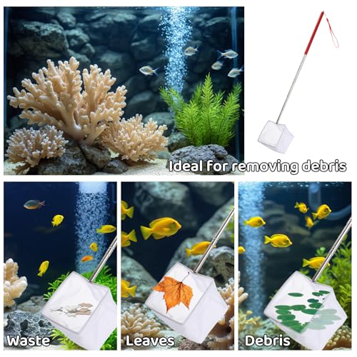 3 Inch Aquarium Net, Fish Net for Fish Tank with 8.6\" to 39\" Long Extendable Stainless Steel Handle Red Small Square Fine Mesh Shrimp Nets Pond Food Residue Debris Skimming Tool for Fishes Shrimp
