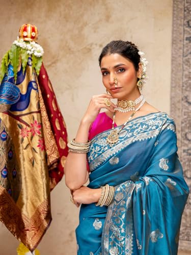 Image of SIRIL Women's Paithani jacquard Silk Saree |Chandrakor Paithani jacquard Saree With Unstitched Blouse Piece