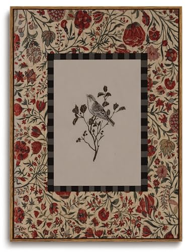 Image of KISSFOX Vintage Framed Wall Art Decor Rustic Flowers Birds Pictures Wall Decor Botanical Floral Canvas Art Prints Red Natural Farmhouse Paintings Artwork For Bedroom Kitchen Living Room