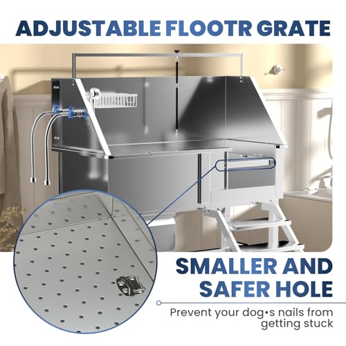 Image of 46 inch Dog Washing Station, Professional Stainless Steel Dog Bathtub w /Ramp & Storage Drawer, Adjustable Grate, Non-Slip Design, Perfect for Home Grooming & Large Dogs (46 inch Right Stair)