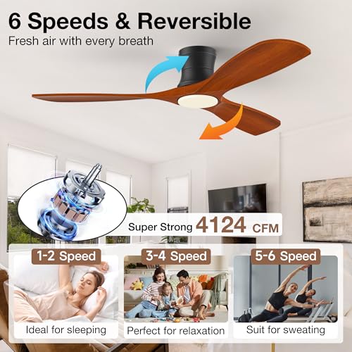 Image of 52 inch Low Profile Smart Ceiling Fans with Light Remote,Flush Mount,Wood,Quiet