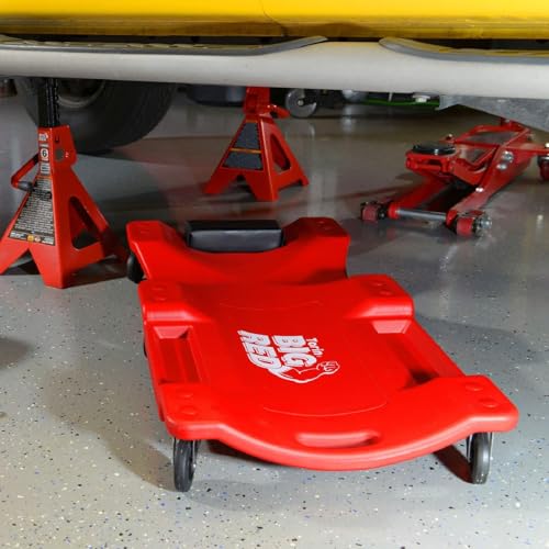 Image of Big RED Plastic Rolling Garage /Shop Creeper: Dual Tool Trays and 6 Casters, Red，40 inch Mechanic Cart with Padded Headrest