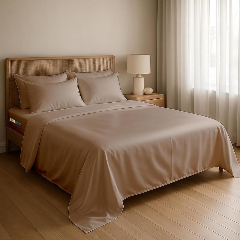 Image of Day Care-Luxury Satin Flat Double Bed (90x100 Inchs) Bedsheet|Ultra Soft Silky Smooth Touch|Breathable, Lightweight & Skin Friendly|Wrinkle Resistant|Bear Beige