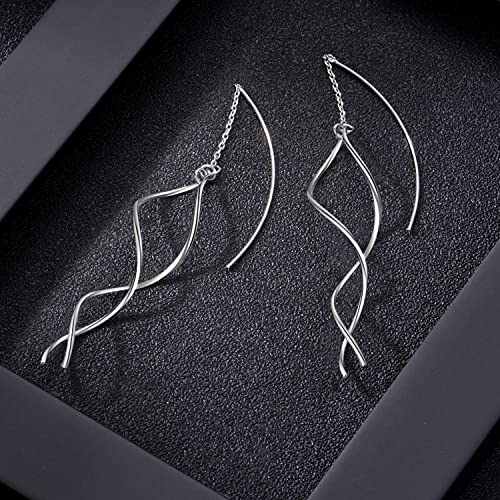 Sterling Silver Threader Earrings For Women Trendy, Handmade Earrings Jewelry, Twisted Linear Curved Drop Dangle Earrings, Hypoallergenic Earrings For Teens Girls Gift4