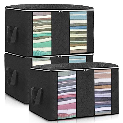 king do way Closet Organizer Clothes Storage Bags Large Capacity Storage Organizers with Reinforced Handle,Stainless Steel Zipper,3 Layer Fabric for Comforters,Bedding,Blankets Clothing Black