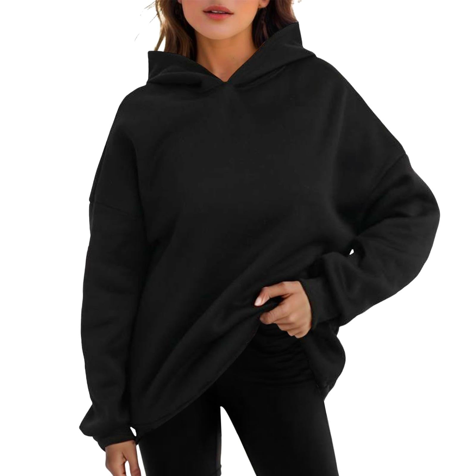Pull à capuche graphique d'automne couleur unie manches longues