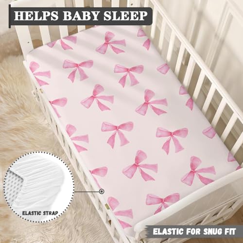 Image of Bow Baby Crib Sheets for Boys Girls Pink Fitted Crib Sheet for Standard Crib and Toddler Mattress Cute Baby Mattress Sheets Toddler Bed Sheet 52x28x8 in
