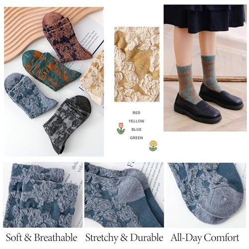 Image of DXYAKY 5 Pairs Womens Floral Cotton Socks Vintage Patterned Crew Socks Novelty Ankle Ruffled Warm Casual Dress Socks