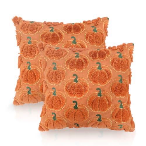GADITIEK 2 PCS Autumn Cushion Covers 45 x 45 cm Decorative Pumpkin Pillow Cover Halloween Plush Pillow Case Autumn Decor Throw Cushion Case for Sofa Bedroom Living Room Home Decor (Gold-Edged Pumpkin)