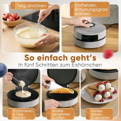 Foto von Clatronic® Hörncheneisen | Antihaftbeschichtung | inkl. Hörnchenkegel | stufenloser Regler für Bräunung nach Wunsch | Hörnchenautomat | 1200W | große Backfläche | Eiswaffeleisen | HA 3833