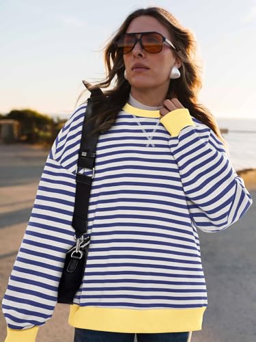 Image of PRETTYGARDEN Womens Striped Oversized Sweatshirt Color Block Crew Neck Long Sleeve Casual Loose Pullover Top Y2K Clothes