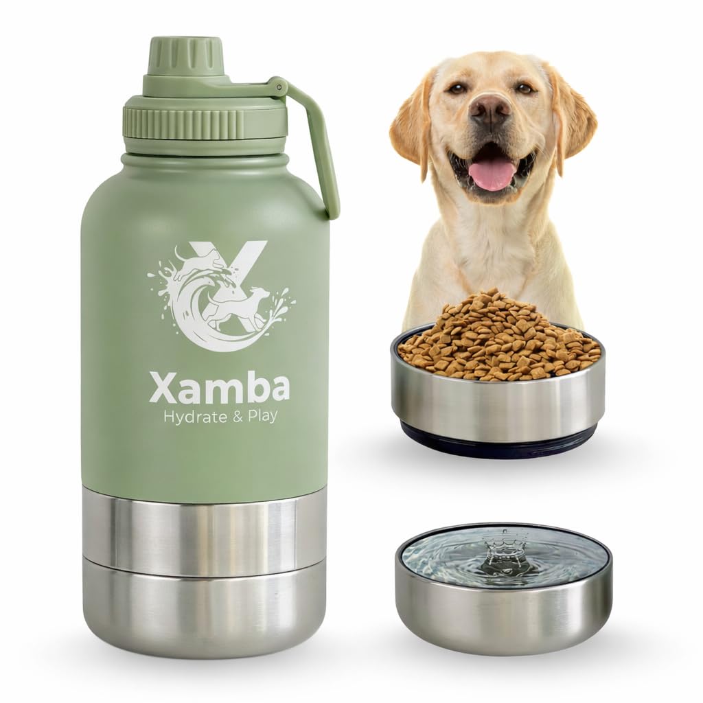 Xamba 3-in-1 Dog Travel Water Bottle 32oz (1000ml) – Stainless Steel Leak-Proof Pet Water Bottle with Detachable Food & Water Bowls for Walking, Hiking & Travel (Sage Green)