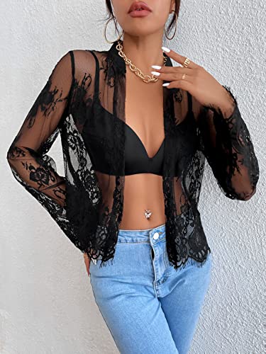 Romwe Women's Floral Lace Cardigan Long Sleeve Open Front Top Black Xl #TOP4