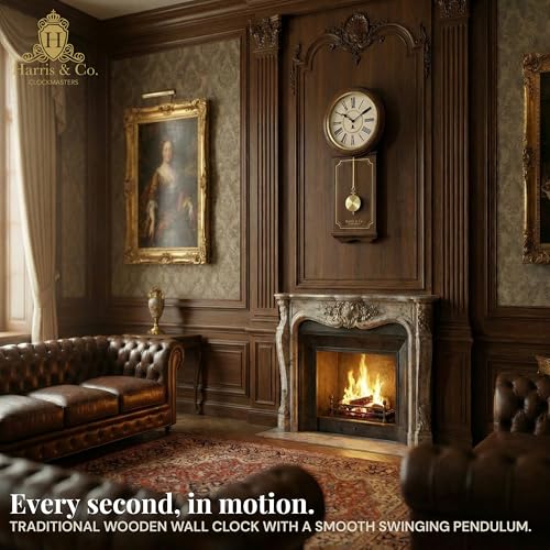 Image of HARRIS & CO. CLOCKMASTERS Wooden Pendulum Wall Clock Luxe Edition 26.5 x 11.5 Inch | Silent Sweep Noiseless Movement | White Metal Roman Dial | Gold Accents & HD Clear Glass | Model-Hyde Park