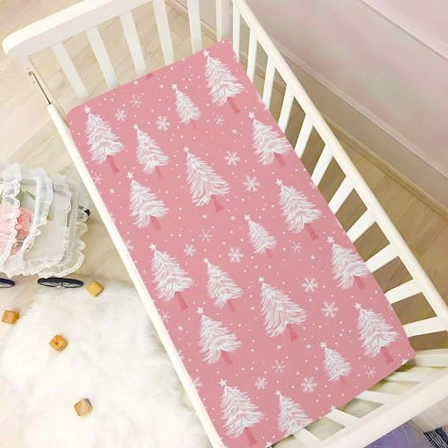 Image of Christmas Pinks Trees Snowflakes Crib Sheets Soft Breathable Fitted Baby Crib Sheets Mattress Cover for Girls Boys, 52 inch x 28 inch x 9 inch