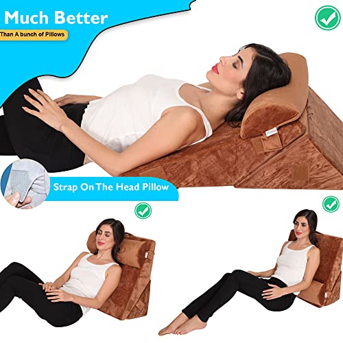 Image of Grin Health Orthopedic Bed Wedge Pillow with Head Rest High Density Adjustable Wedge Cushion for Sleeping, Acid Reflux, Heartburn, GERD, Leg Support Pillow, Back Support, Pregnancy Pillow (Brown)