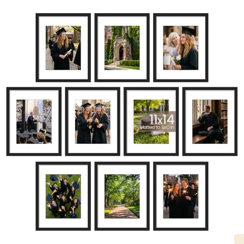 Image of upsimples 11x14 Picture Frame Set of 10, Display Pictures 8x10 with Mat or 11x14 Without, Multi Photo Frames Collage for Wall Display, Black