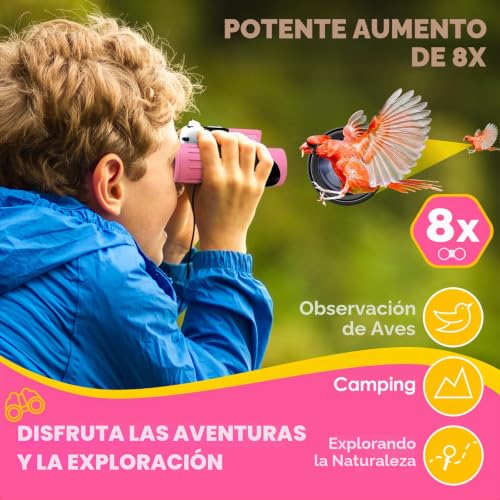 Miniatura 2 de Prismáticos Para Niños De 8x21 Pulgadas, Óptica Real De Alta Resolución, Juego Con Lupa Y Brújula De Silbato, Prismáticos Para Niños De 3 A 12 Años, Viajes, Exploración De La Naturaleza Rosa