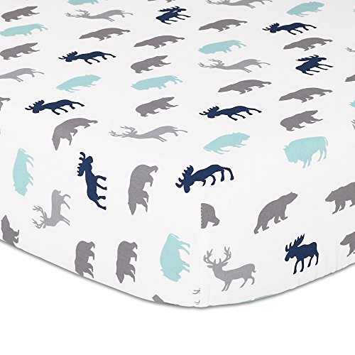 Image of Woodland Trail Animal Silhouette Navy Aqua Grey Forest Theme Fitted Crib Sheet