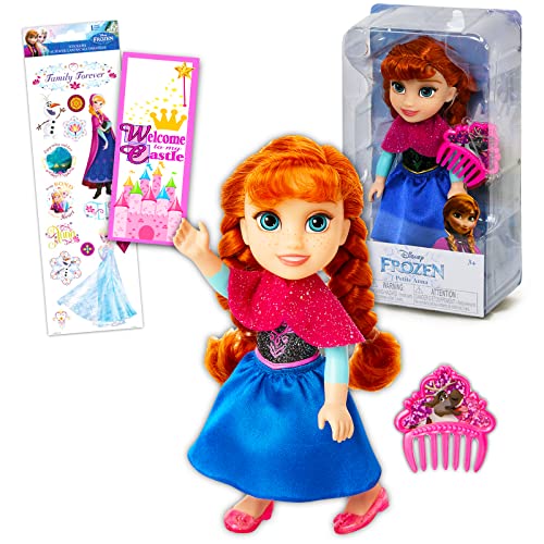 Classic Disney Disney Frozen Anna Doll and Comb Set-3 Pc Frozen Toy Bundle with Anna Doll for Girls,300 Stickers,and More (Anna 6 Inch Petite Figure for Kids,Toddlers)