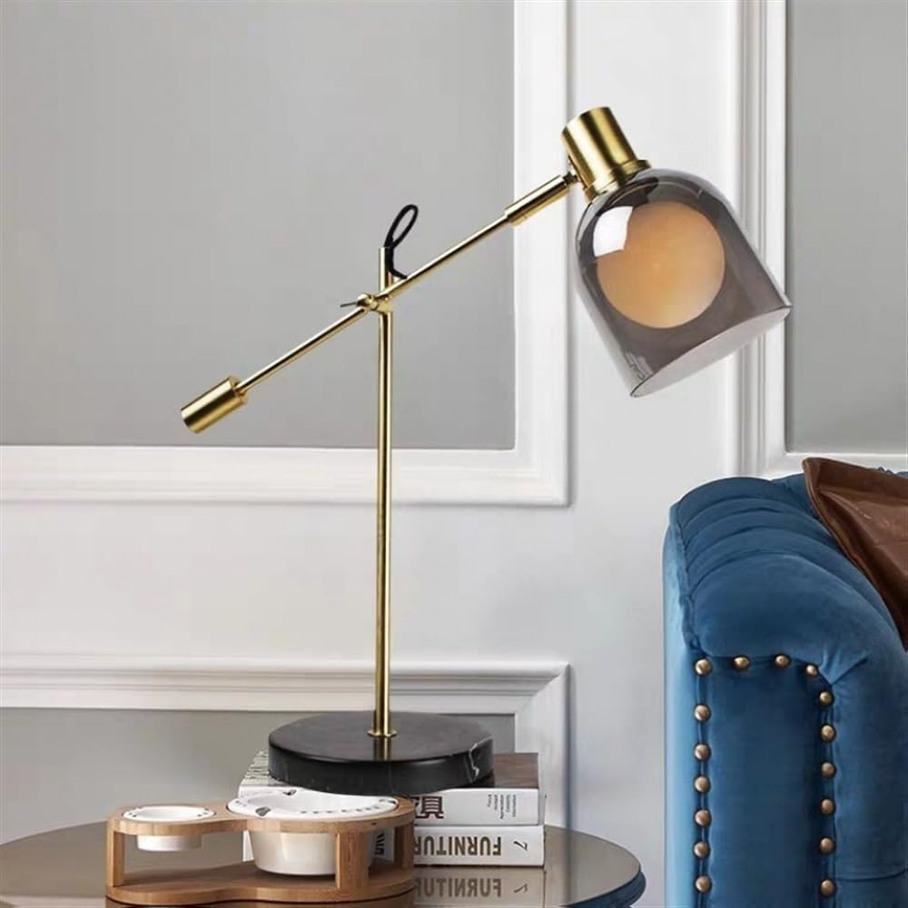 Nowoczesna lampa biurkowa z kloszem z dmuchanego szkła i marmurową podstawą, regulowana lampa wtykowa do sypialni, biura, biblioteki, gabinetu