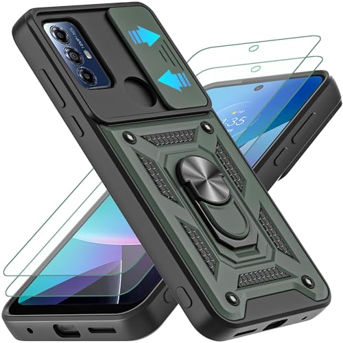 AKINIK for Moto G Pure Case/G Power 2022 Case, Moto G Play 2023 Case, with Slide Camera Cover and 2pcs HD Screen Protector, 360° Rotation Ring Kickstand [Military Grade] Case (Green)