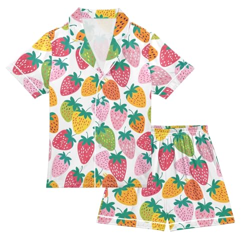 Cute Colorful Strawberry Summer Satin Pajama Set, Cute Button-Down Sleepwear Pj Set for Sleep Wears
