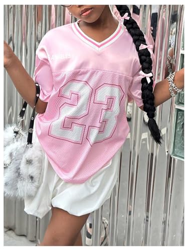 Image of WDIRARA Girl's Number Graphic Jersey Shirts Short Sleeve V Neck Tees Oversized T-Shirt Tops